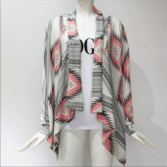 New Aztec print tribal open front boho cozy cardigan sweater top - Picture 2 of 5